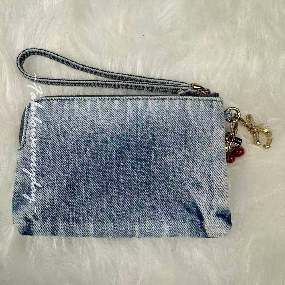 Coach Corner Zip Wristlet In Loved Denim With Charms Gold/Light Indigo CEF82 NWT - Picture 2 of 5